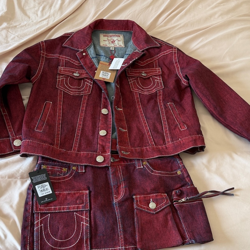 True Religion Women's Deep Red Jean Jacket with Skirt